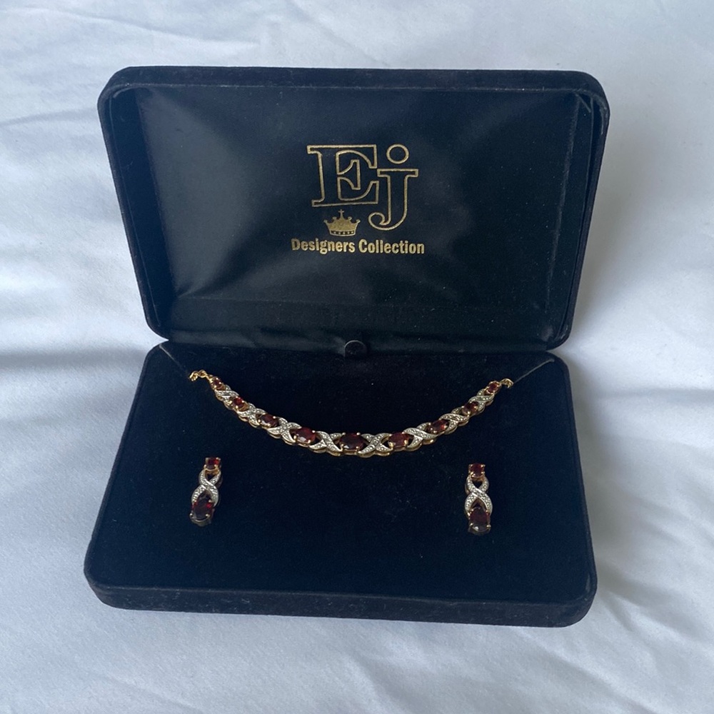 Love & Kisses of Paris Necklace & Earrings Set- 18k gold, Garnet Gems & Diamonds